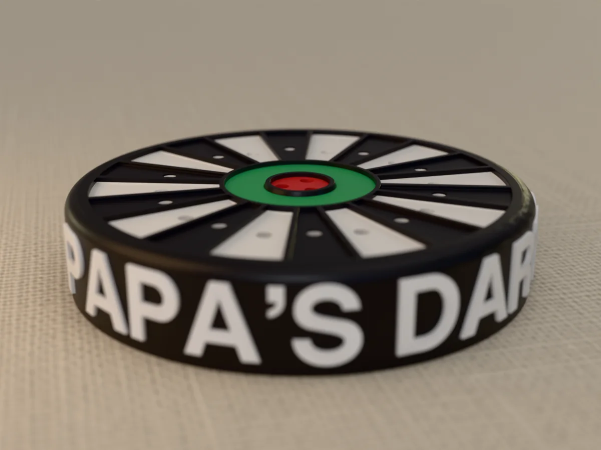 3D render, close view of the empty PAPA'S DARTS dart holder, the name in raised white letters round the side of the black case