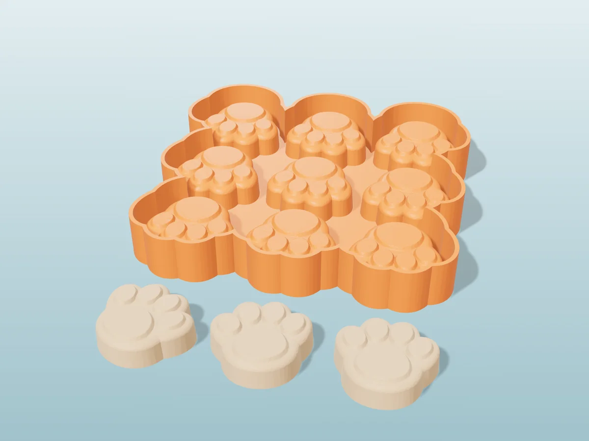 3D render of the printed caster for a nine-paw silicone tray, with three beige paw print melts in front