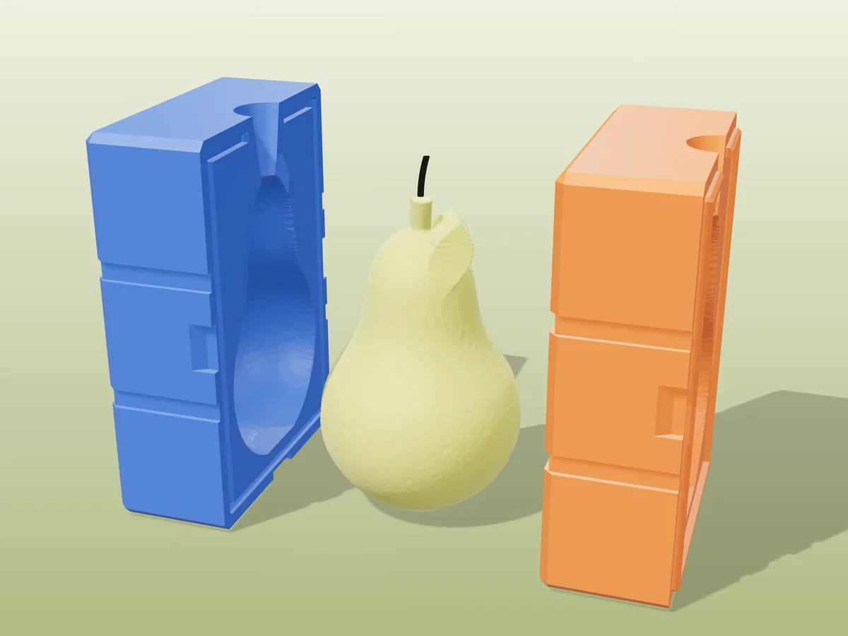 3D render of a green pear candle with a stem and leaf between the two printed halves of its rigid blue and orange mold