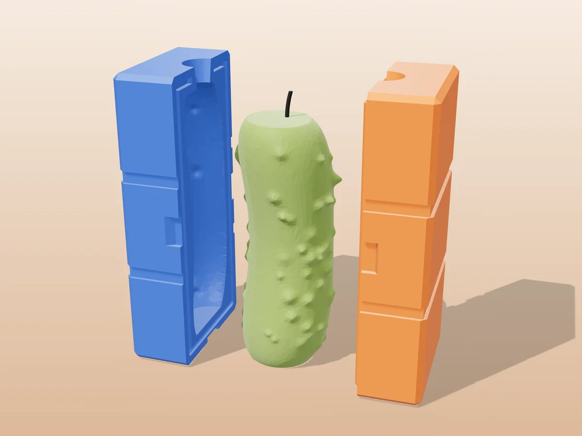 3D render of a green bumpy pickle candle standing between the two tall printed halves of its rigid blue and orange mold