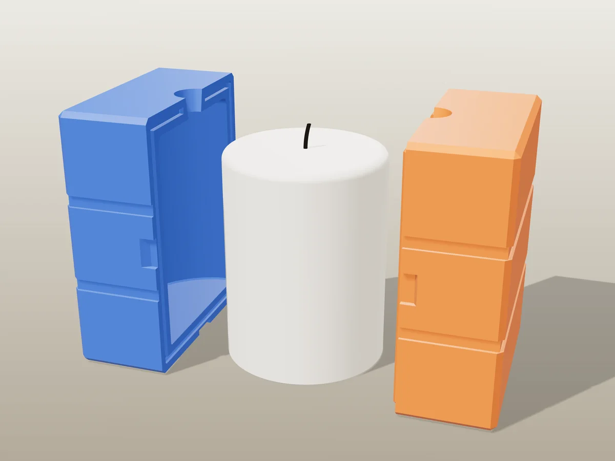 3D render of a white 3 by 4 inch pillar candle between the two printed halves of its rigid blue and orange mold