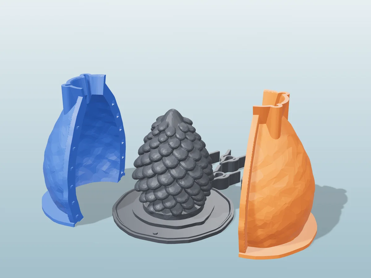 3D render of the pine cone master with its spiral of scales fused on its printed charcoal base, between the orange and blue hugging shell halves