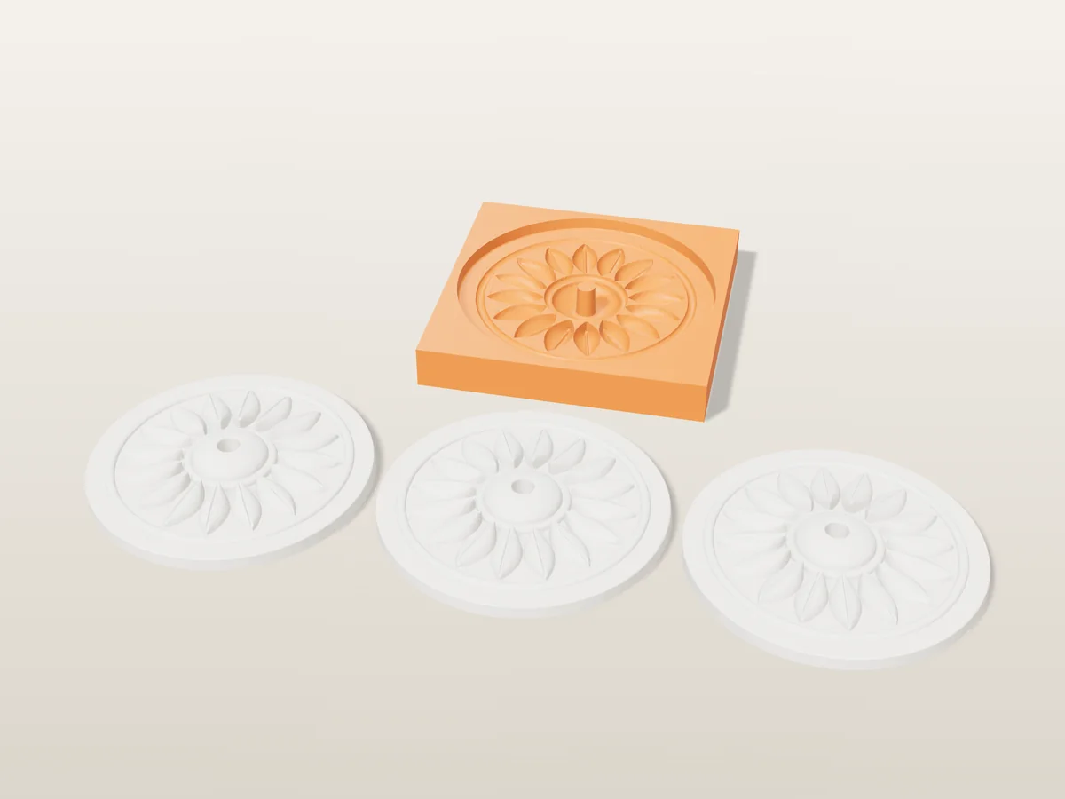 3D render of a printed orange tray for a round ceiling rose, and a white plaster ceiling rose with sixteen leaves and a centre hole in front