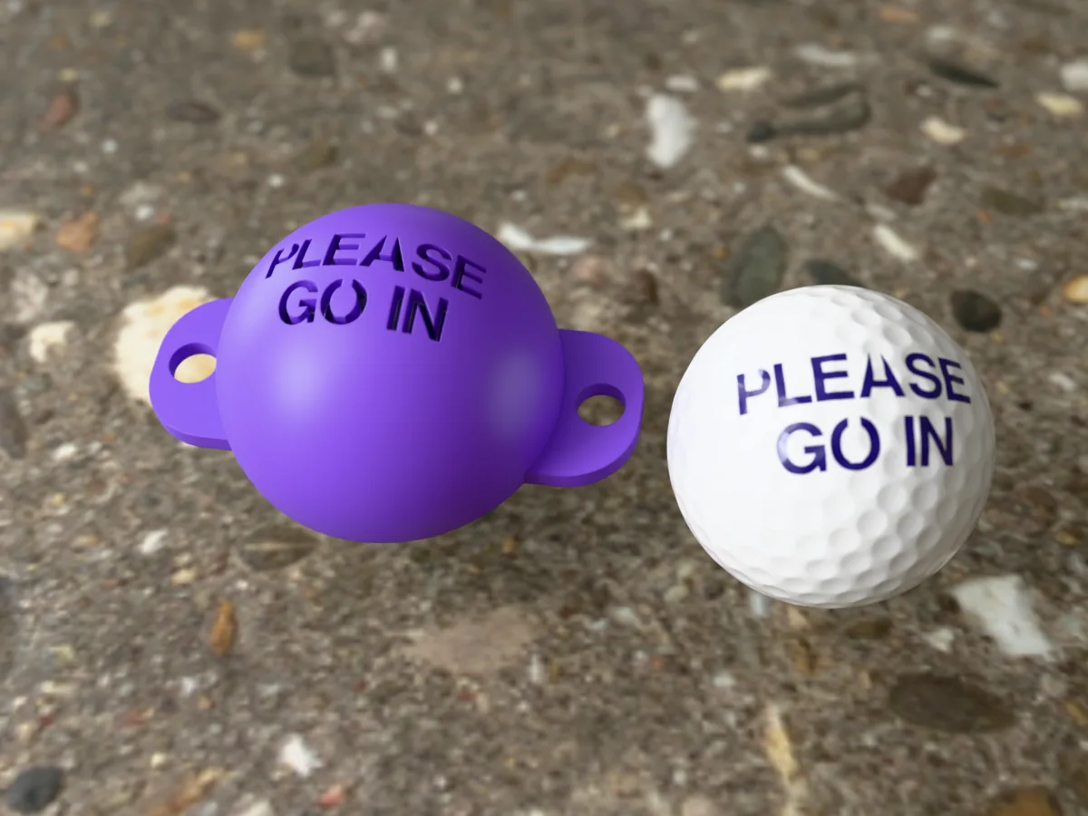 3D render of a purple 3D-printed golf ball stencil with PLEASE GO IN cut through it, sitting on a golf ball, next to a ball marked with PLEASE GO IN in purple