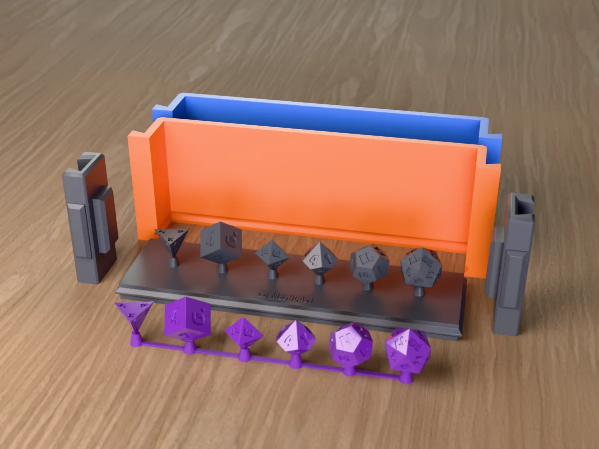 3D render of the printed base with six polyhedral dice masters on sprues between the orange and blue walls, with purple resin dice in front