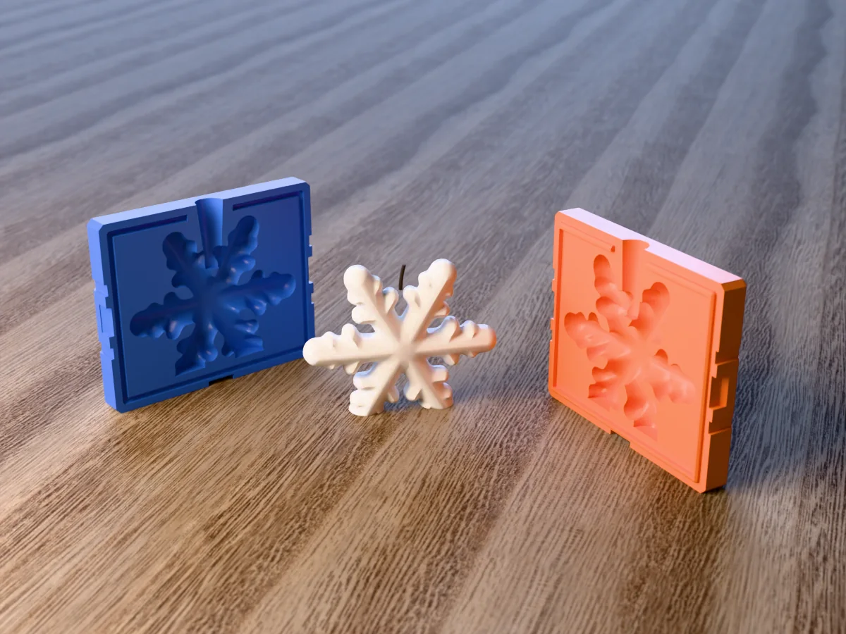 3D render of a white puffy snowflake candle with six round branched arms between the two printed halves of its rigid two-part mold