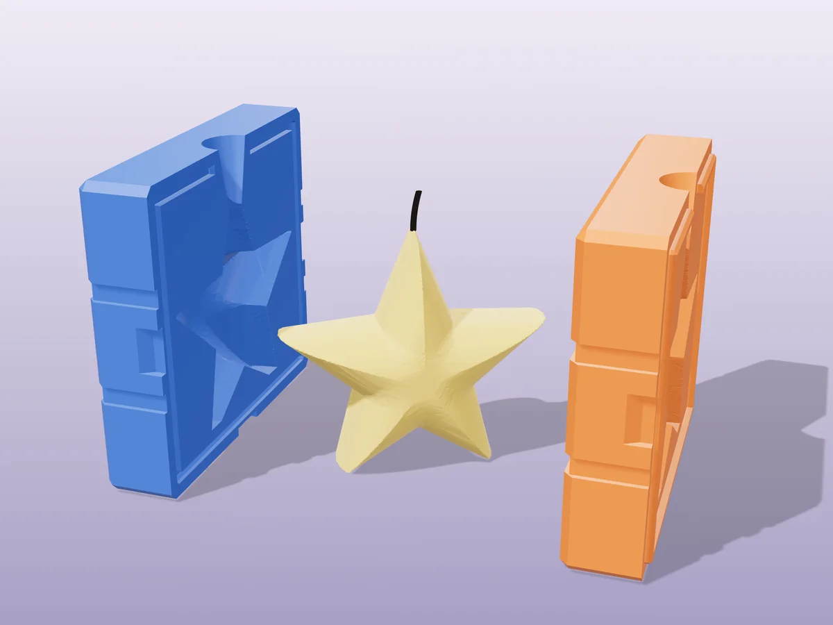 3D render of a gold puffy five-point star candle between the two printed halves of its rigid blue and orange mold