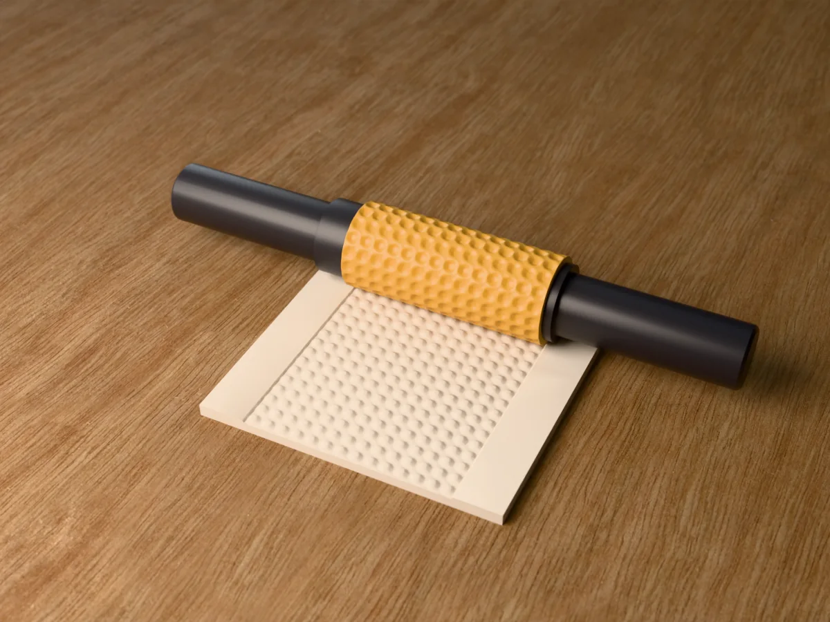3D render of the printed rattan cane textured rolling pin, its patterned sleeve between two dark handles, resting on a slab of clay it has pressed with rattan cane webbing