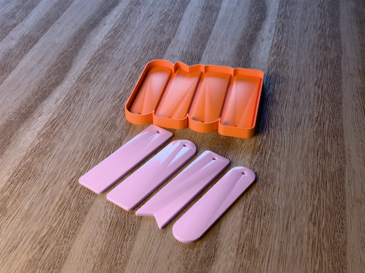 3D render of the printed caster for a resin bookmark mold with four shapes, and four lilac resin bookmarks with tassel holes in front