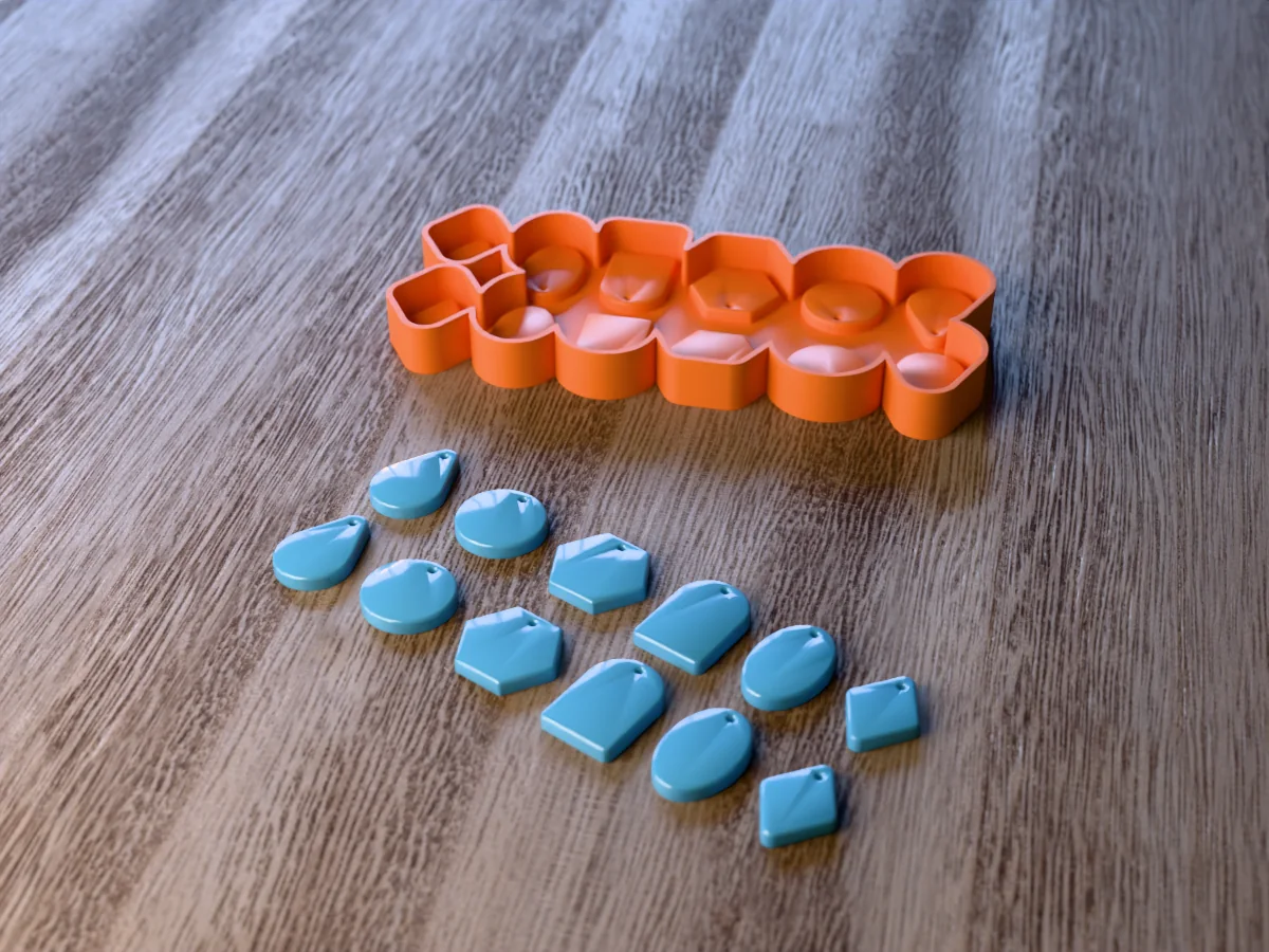 3D render of the printed caster for a resin earring mold with six pairs of shapes, and twelve glossy light blue resin earring blanks with small holes in front