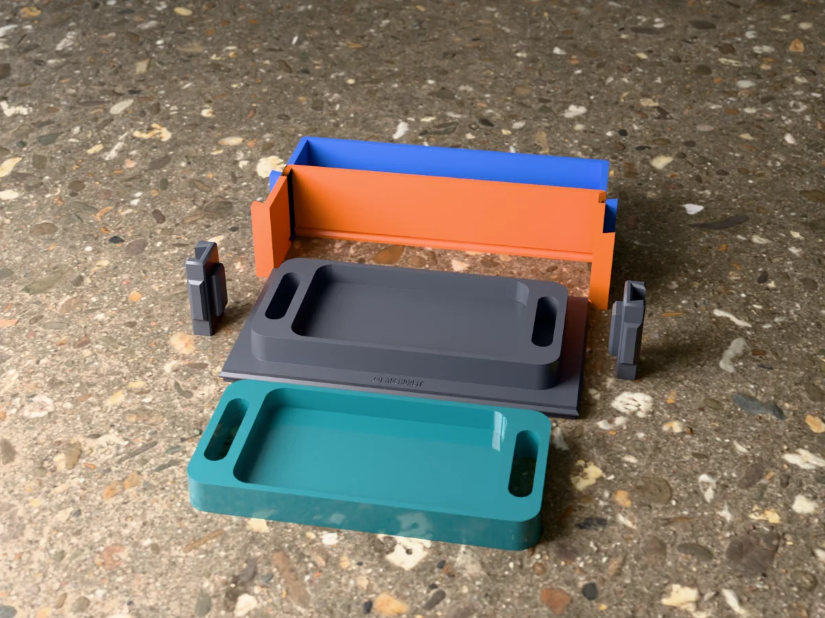 3D render of the serving tray master on its printed base between the orange and blue walls, with a teal resin tray with two slotted handles in front
