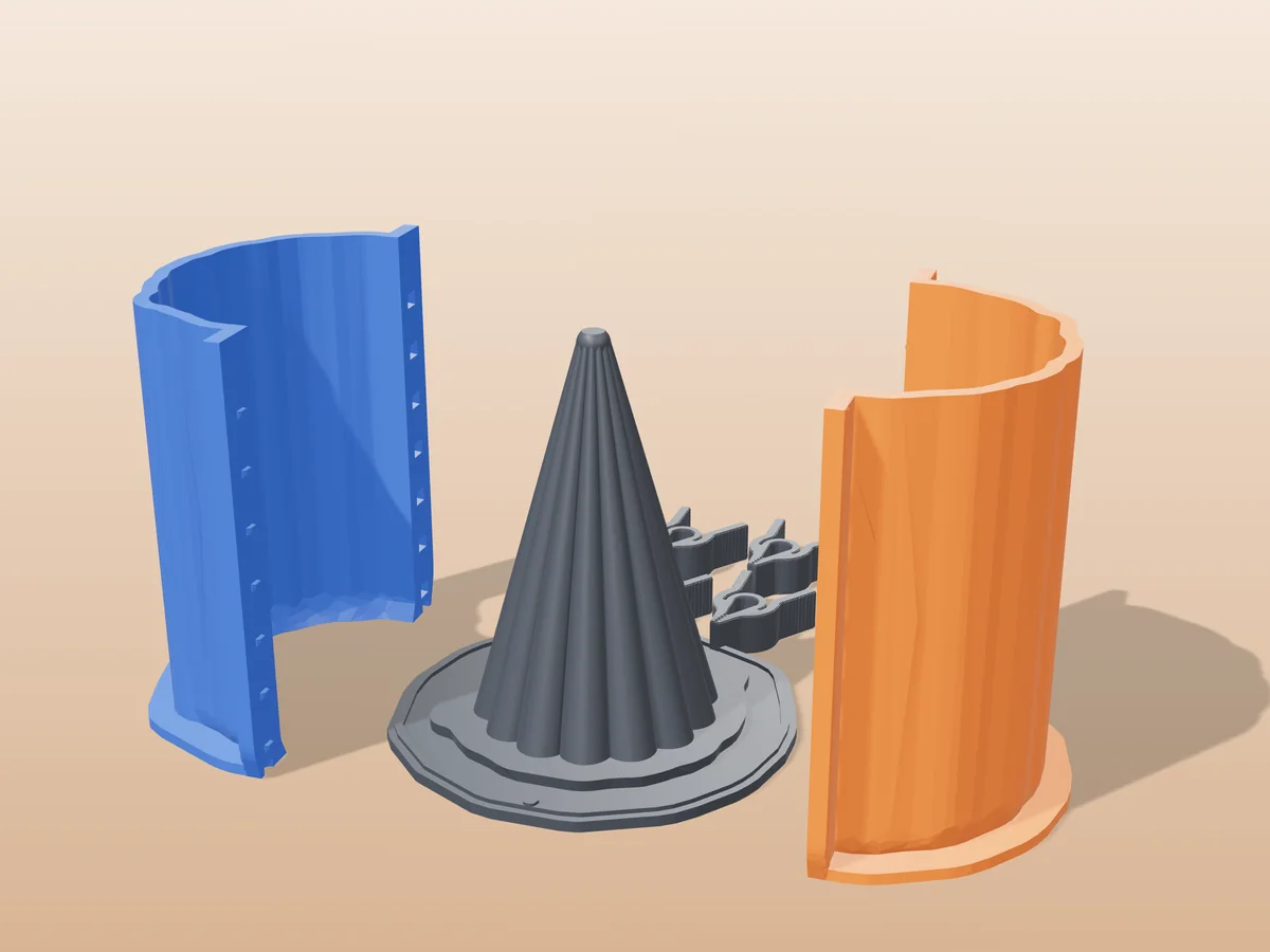 3D render of the ribbed cone master fused on its printed charcoal base, between the orange and blue hugging shell halves