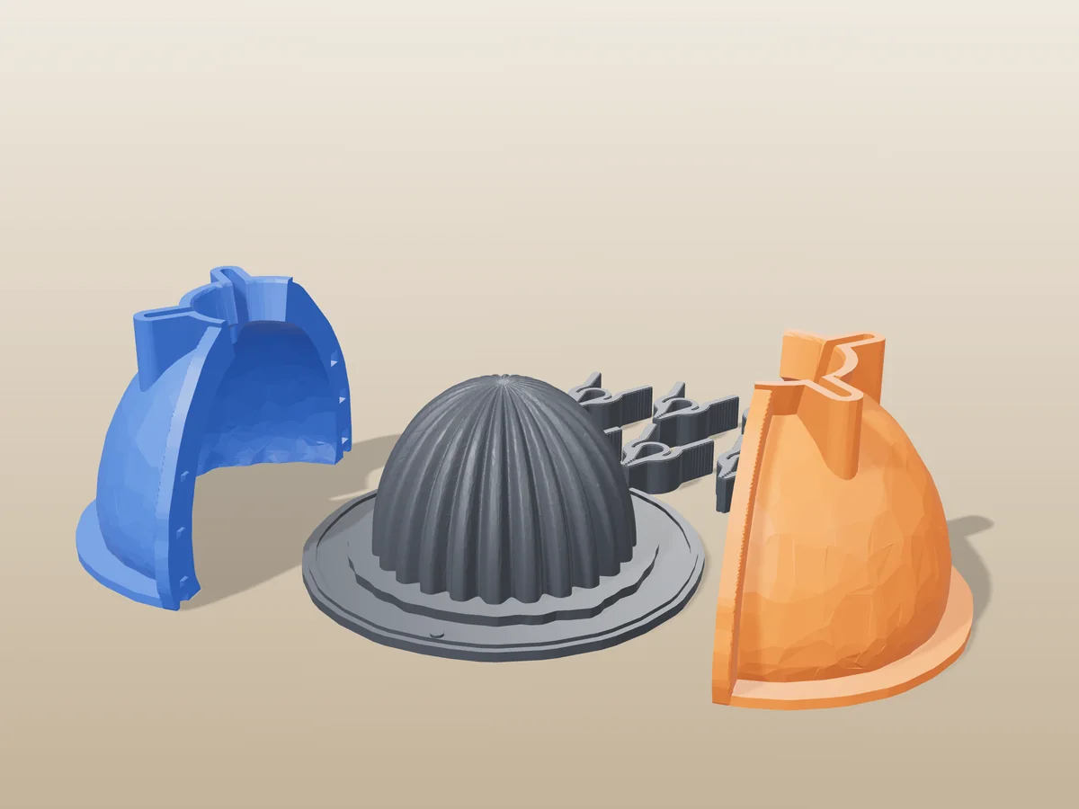 3D render of the ribbed dome master fused on its printed charcoal base, between the orange and blue hugging shell halves
