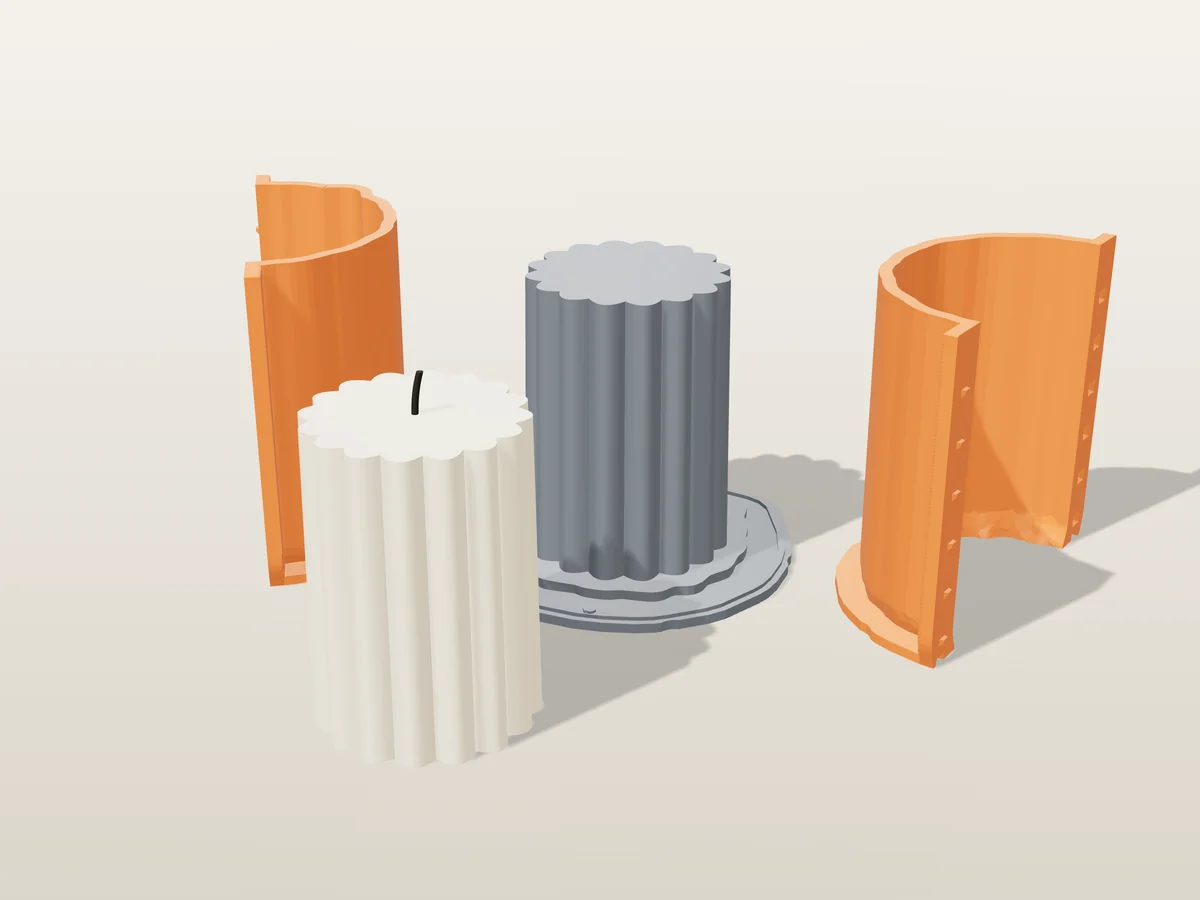 3D render of an ivory ribbed pillar candle in front of its printed grey base and orange hugging shell halves