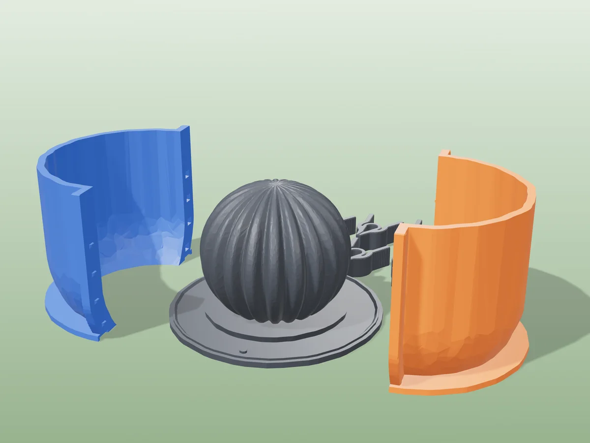 3D render of the ribbed sphere master fused on its printed charcoal base, between the orange and blue hugging shell halves