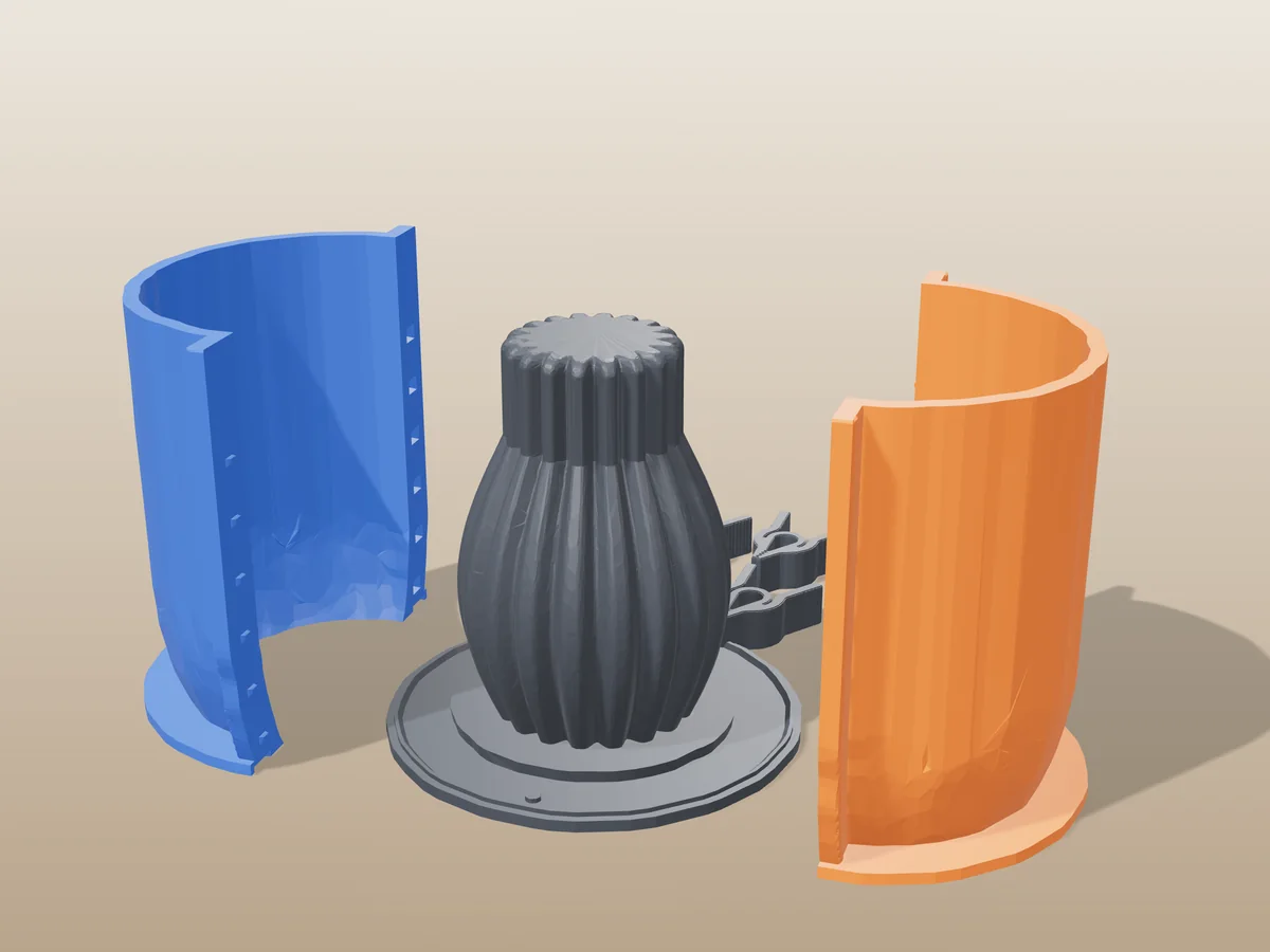 3D render of the ribbed vase master fused on its printed charcoal base, between the orange and blue hugging shell halves