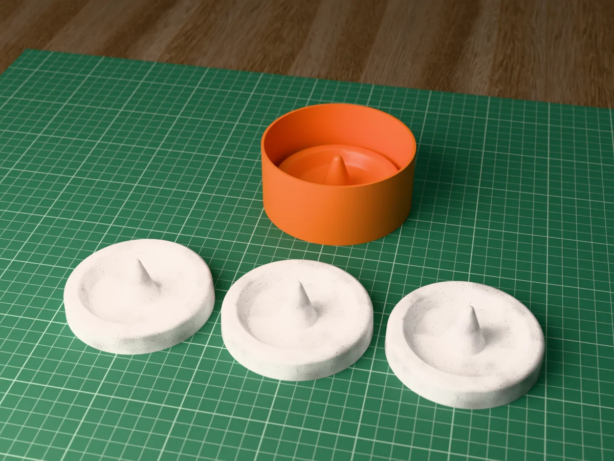 3D render of the printed round caster for a ring holder dish, with three pale concrete ring dishes with a cone in the middle in front