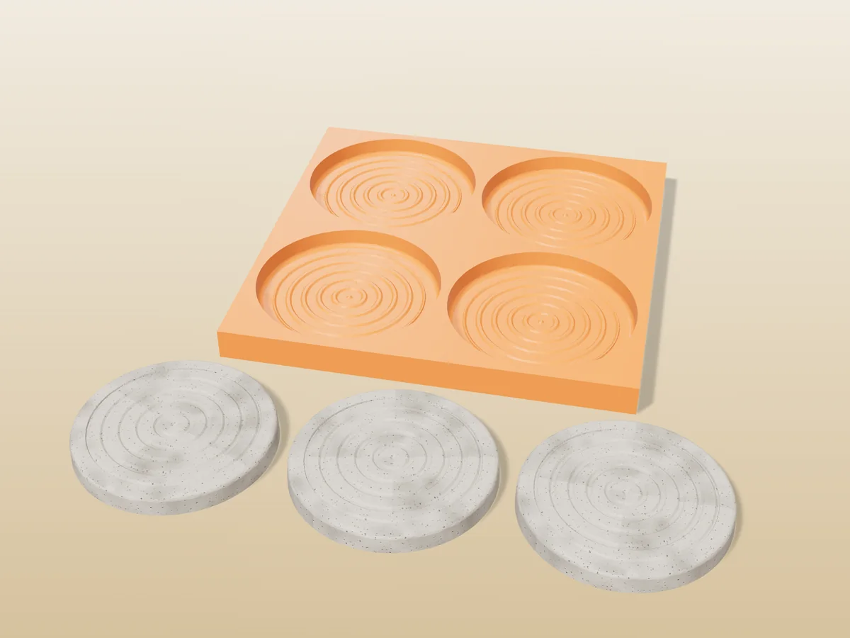 3D render of a printed orange tray with four round ripple coaster cavities, and three grey concrete coasters in front