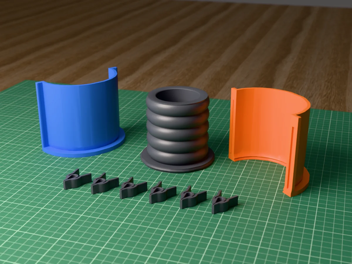 3D render of the ripple ring-stack planter master fused on its printed charcoal base, between the orange and blue shell halves, with the charcoal clamps behind