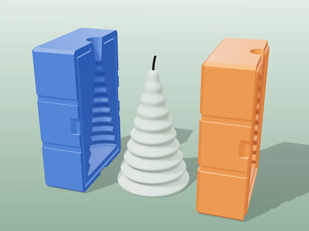 3D render of a sage ripple cone candle between the two printed halves of its rigid blue and orange mold
