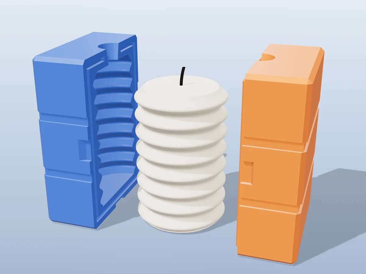 3D render of a cream ripple pillar candle with horizontal waves between the two printed halves of its rigid blue and orange mold