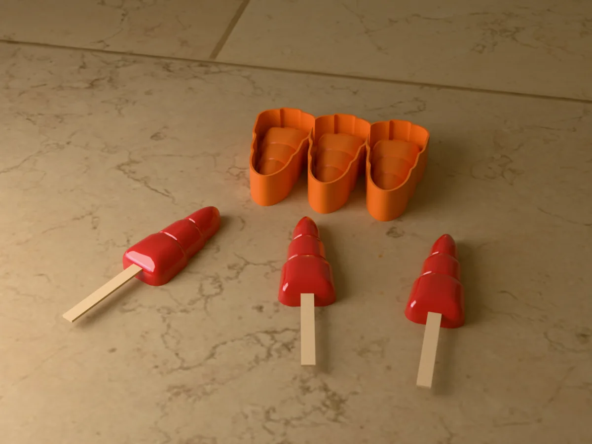 3D render of the printed caster for a three-cavity silicone rocket popsicle mold, with three red rocket ice pops on wooden sticks in front