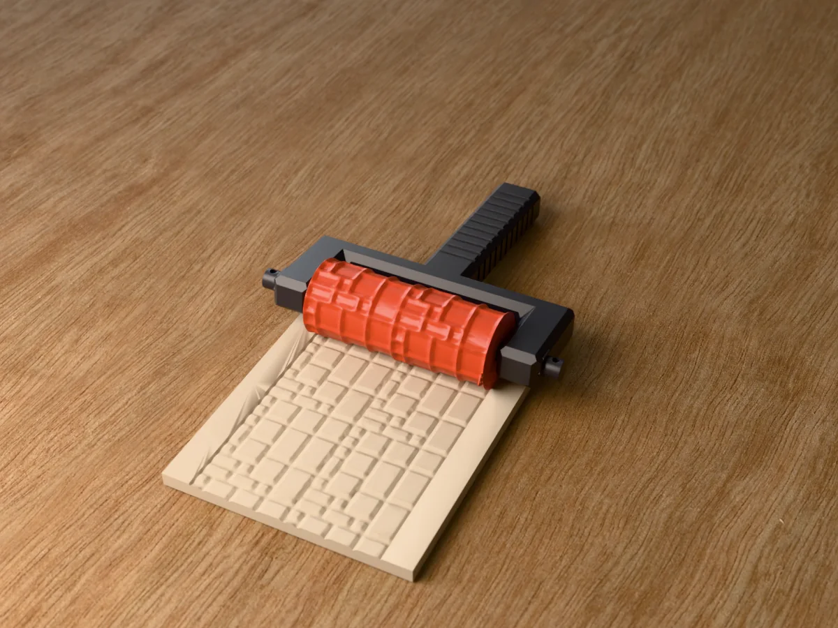 3D render of the printed roman opus paving texture roller in its dark fork handle, resting on a slab of clay it has pressed with Roman opus paving