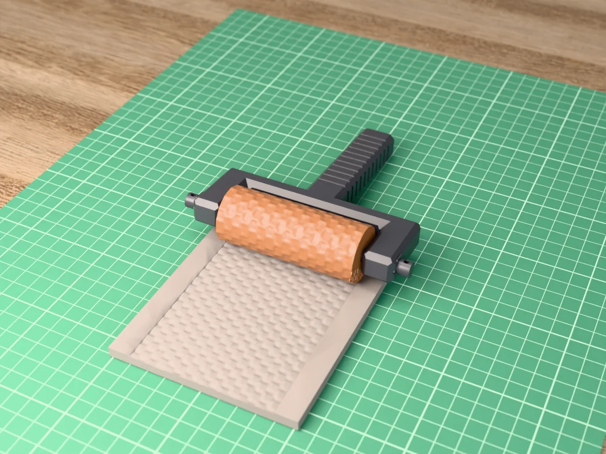 3D render of the printed roof shingle texture roller in its dark fork handle, resting on a slab of clay it has pressed with roof shingles