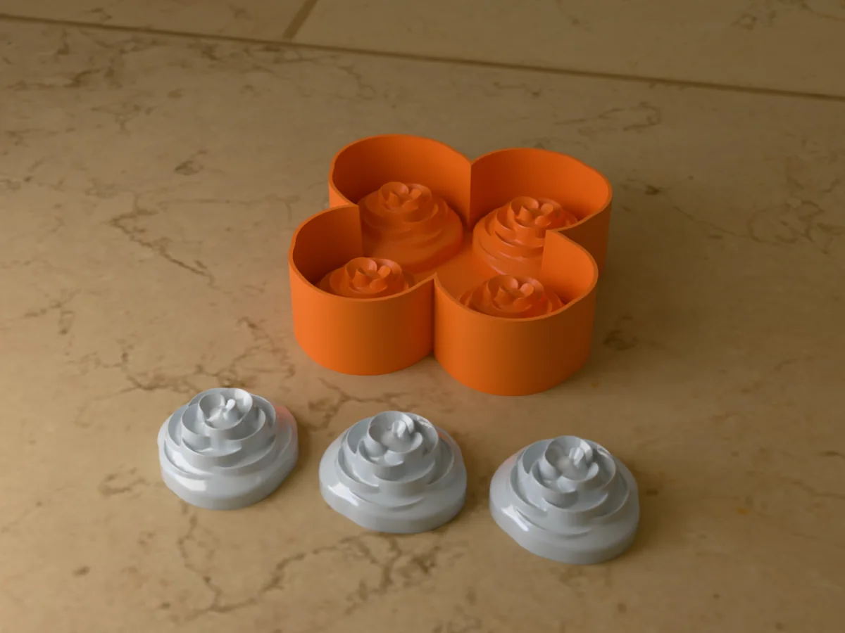 3D render of the printed caster for a four-cavity silicone rose ice cube mold, with clear ice roses in front