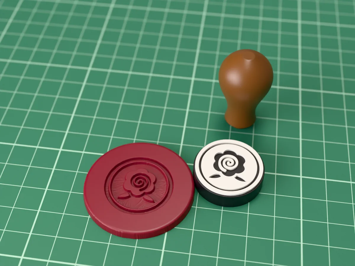 3D render of the printed rose wax seal stamp, face up next to its brown handle, and a round wax seal it has pressed