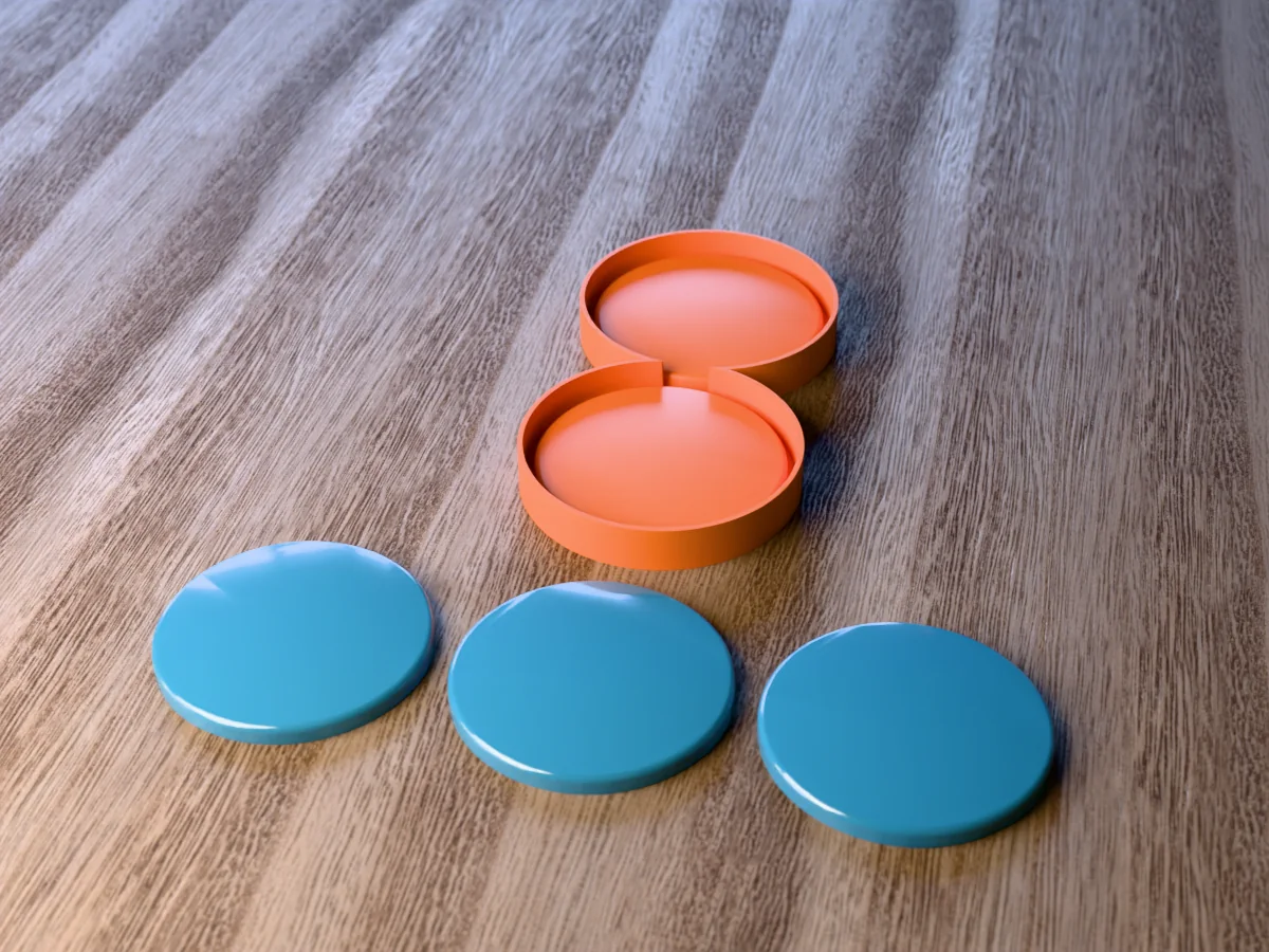 3D render of the printed caster for a two-cavity round resin coaster mold, with three glossy ocean blue round resin coasters in front