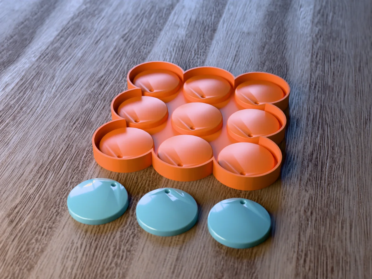 3D render of the printed caster for a nine-cavity round resin keychain mold, with three glossy light blue round resin keychain blanks in front