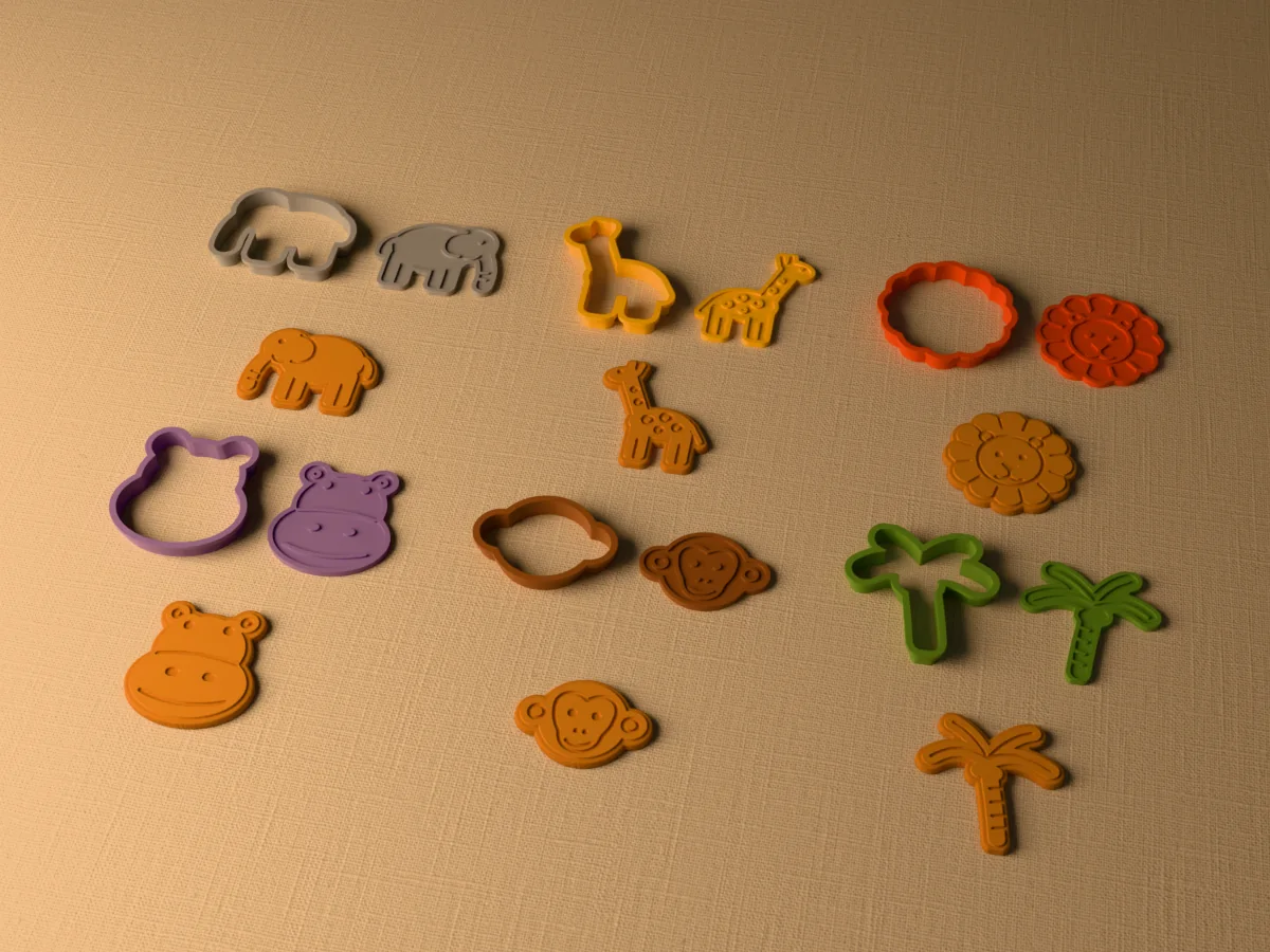 3D render of six 3D-printed safari animal cookie cutters with their stamps and a golden stamped cookie in front of each: elephant, giraffe, lion, hippo, monkey and palm tree