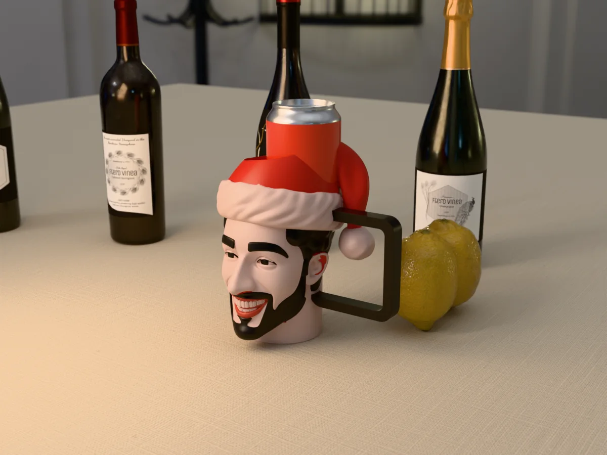 3D render of a 3D-printed head can holder of a guy with a black beard in a Santa hat, painted in 6 colours, on a table