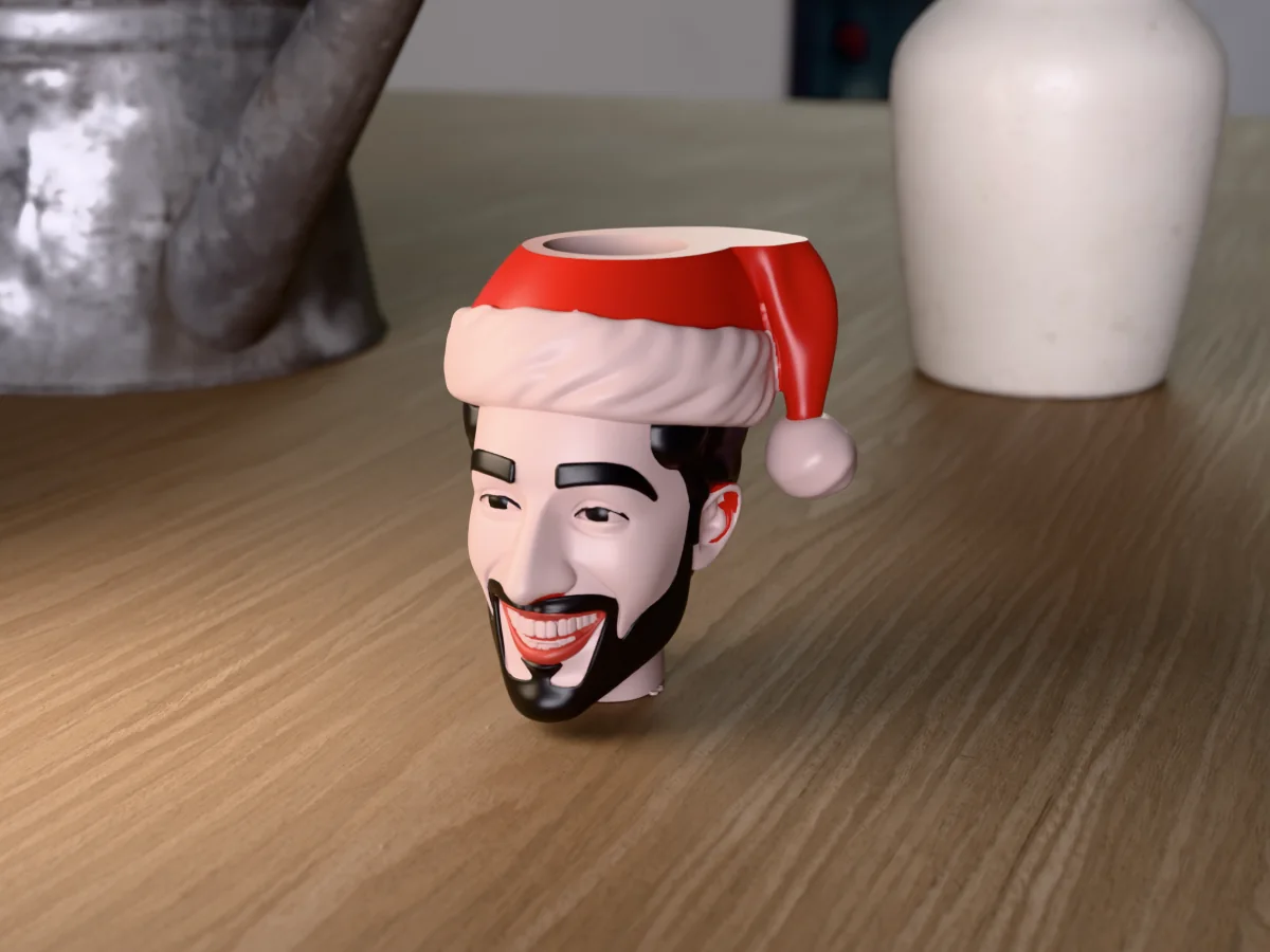 3D render of a 3D-printed head planter of a guy with a black beard in a Santa hat, painted in 6 colours, on a table