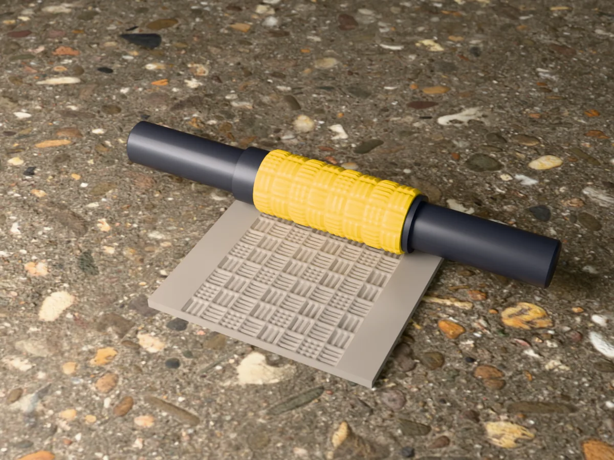 3D render of the printed sci-fi floor grating textured rolling pin, its patterned sleeve between two dark handles, resting on a slab of clay it has pressed with sci-fi floor grating