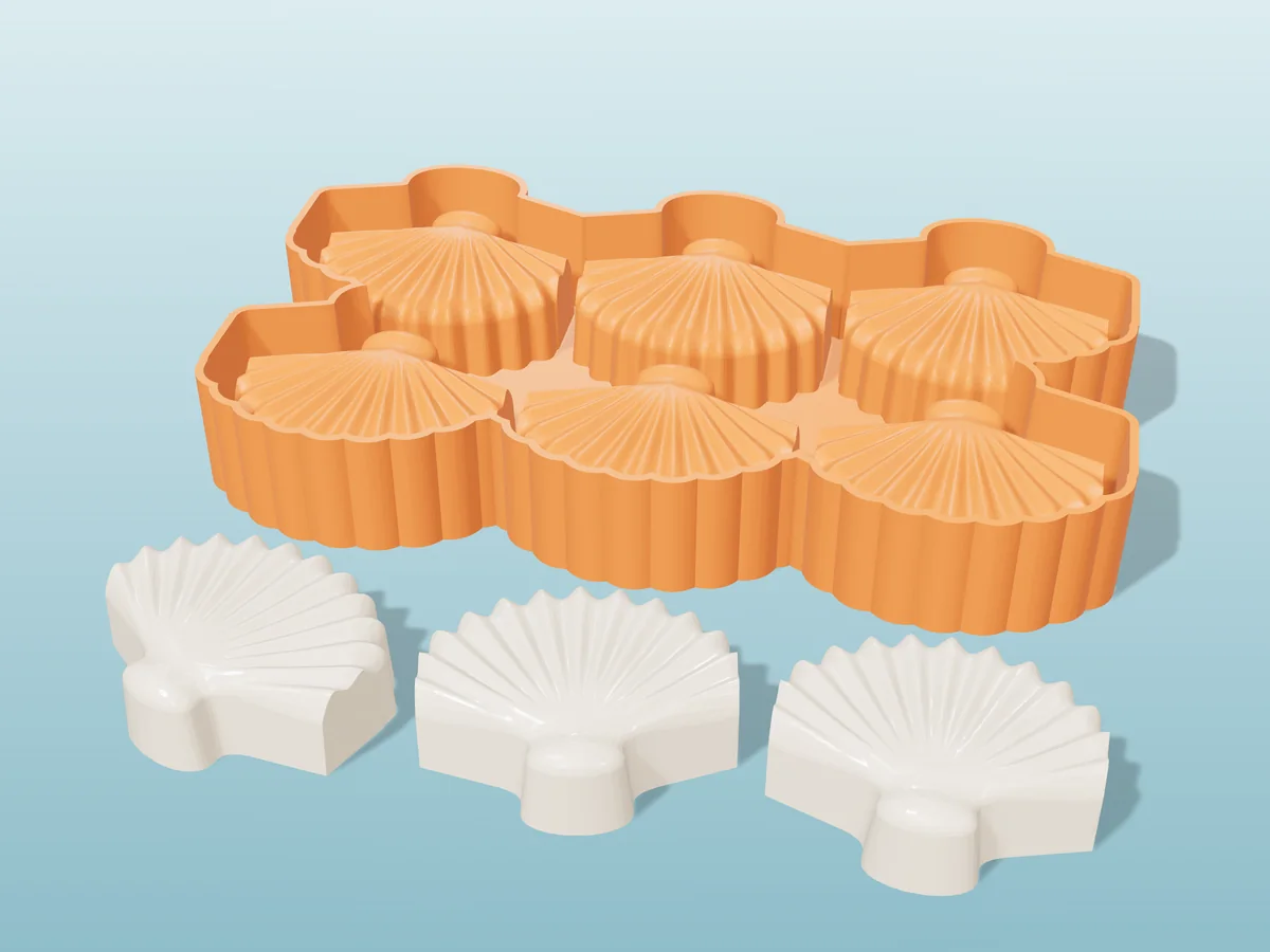 3D render of the printed caster for a six-scallop-shell silicone soap tray, with three cream shell soaps in front