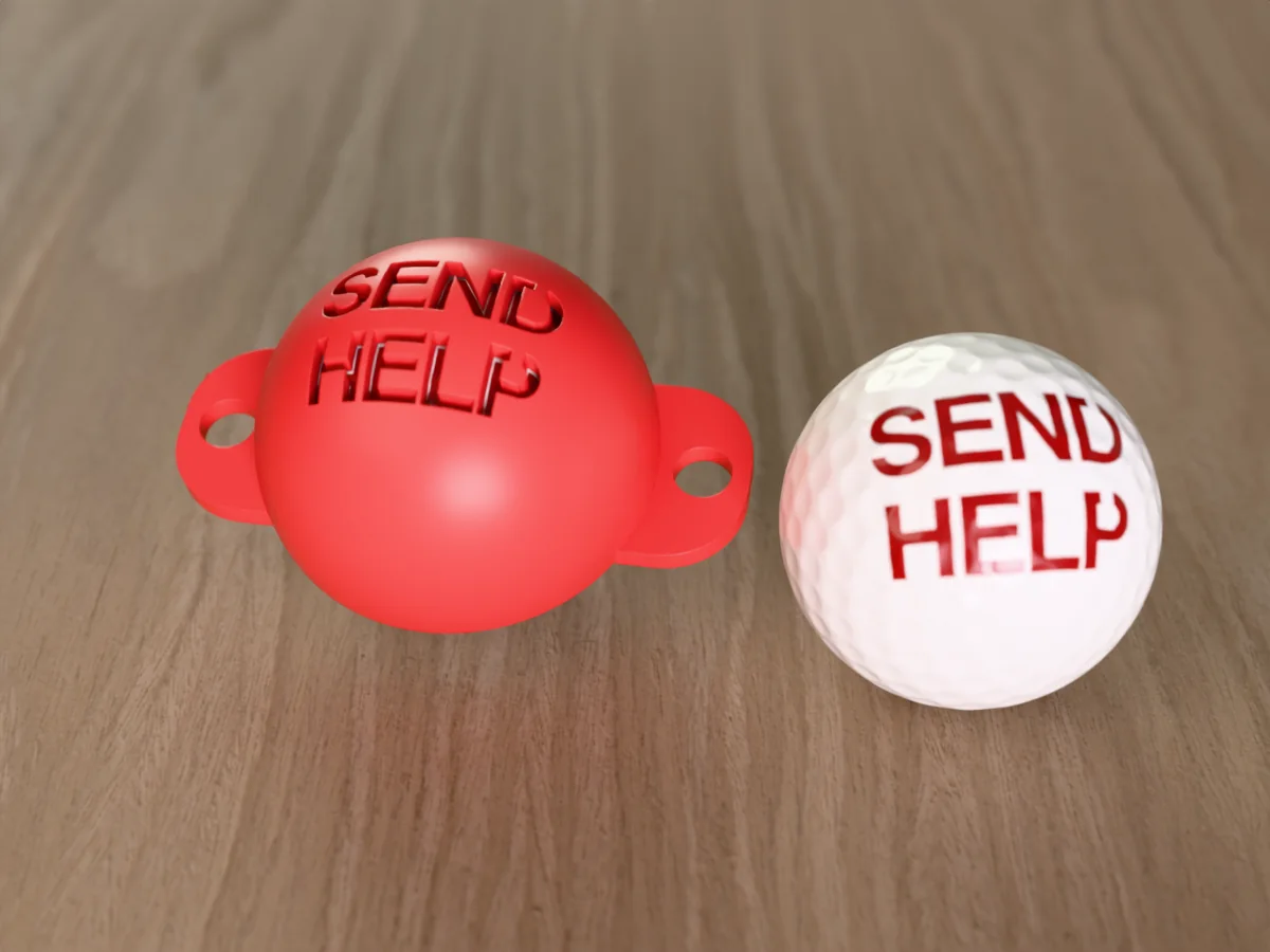 3D render of a red 3D-printed golf ball stencil with SEND HELP cut through it, sitting on a golf ball, next to a ball marked with SEND HELP in red
