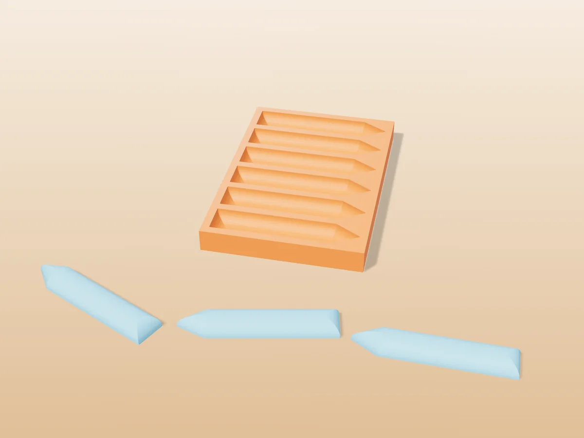 3D render of a printed orange tray with six chalk stick cavities, and three light blue sidewalk chalk crayons in front