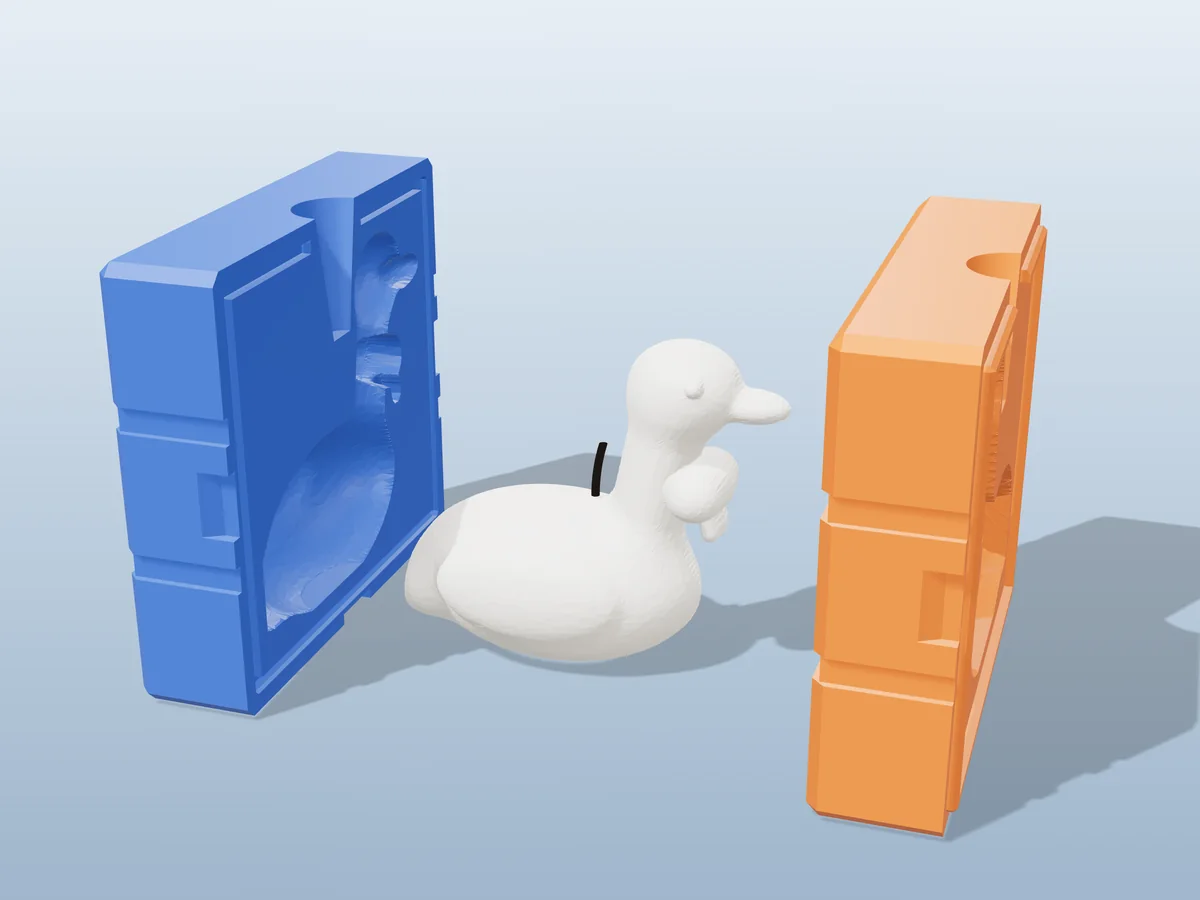 3D render of a white silly goose candle with a bow round its neck between the two printed halves of its rigid blue and orange mold
