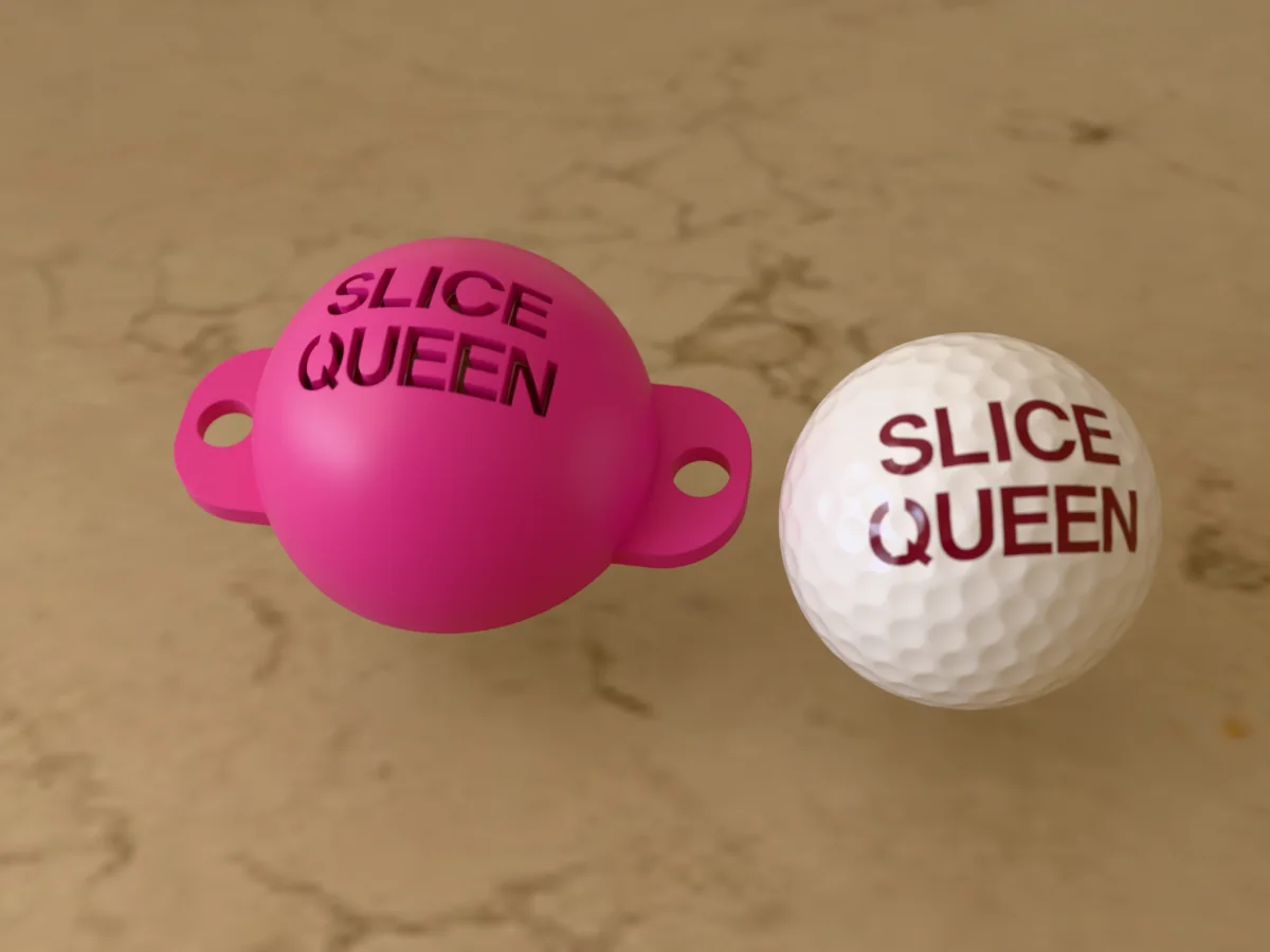 3D render of a pink 3D-printed golf ball stencil with SLICE QUEEN cut through it, sitting on a golf ball, next to a ball marked with SLICE QUEEN in magenta