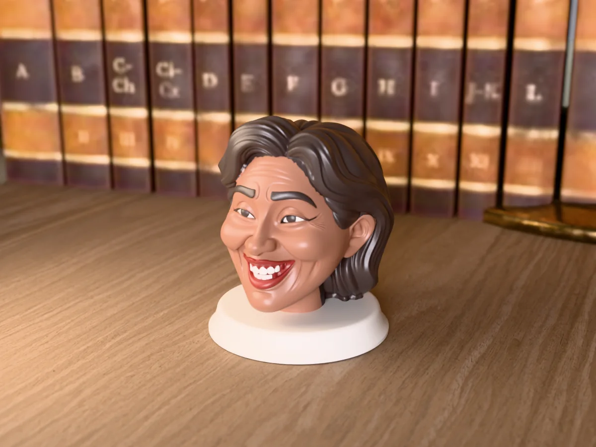 3D render of a 3D-printed bust of a smiling woman with long dark hair, painted in 5 colours, on a table