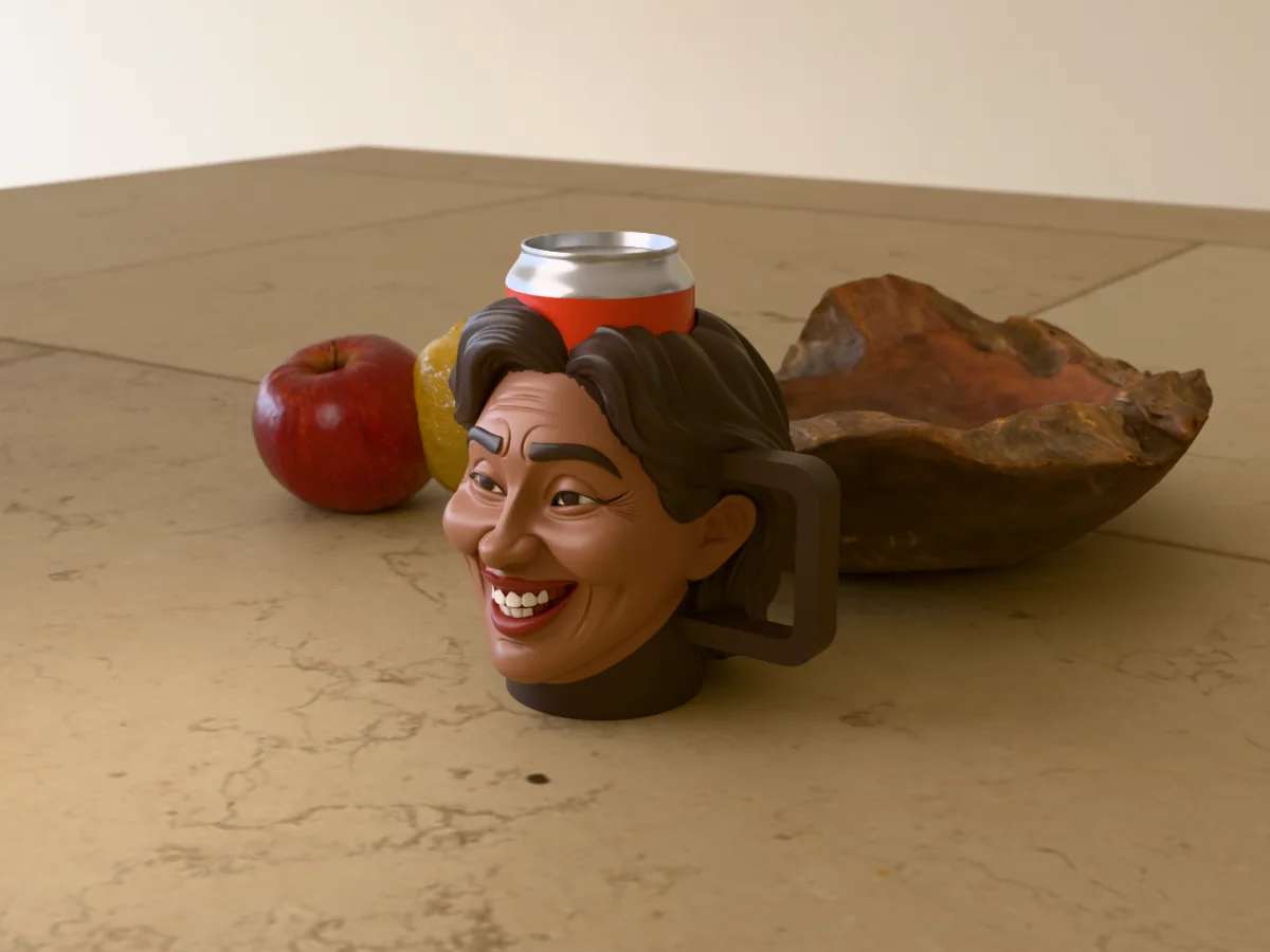 3D render of a 3D-printed head can holder of a smiling woman with long dark hair, painted in 5 colours, on a table