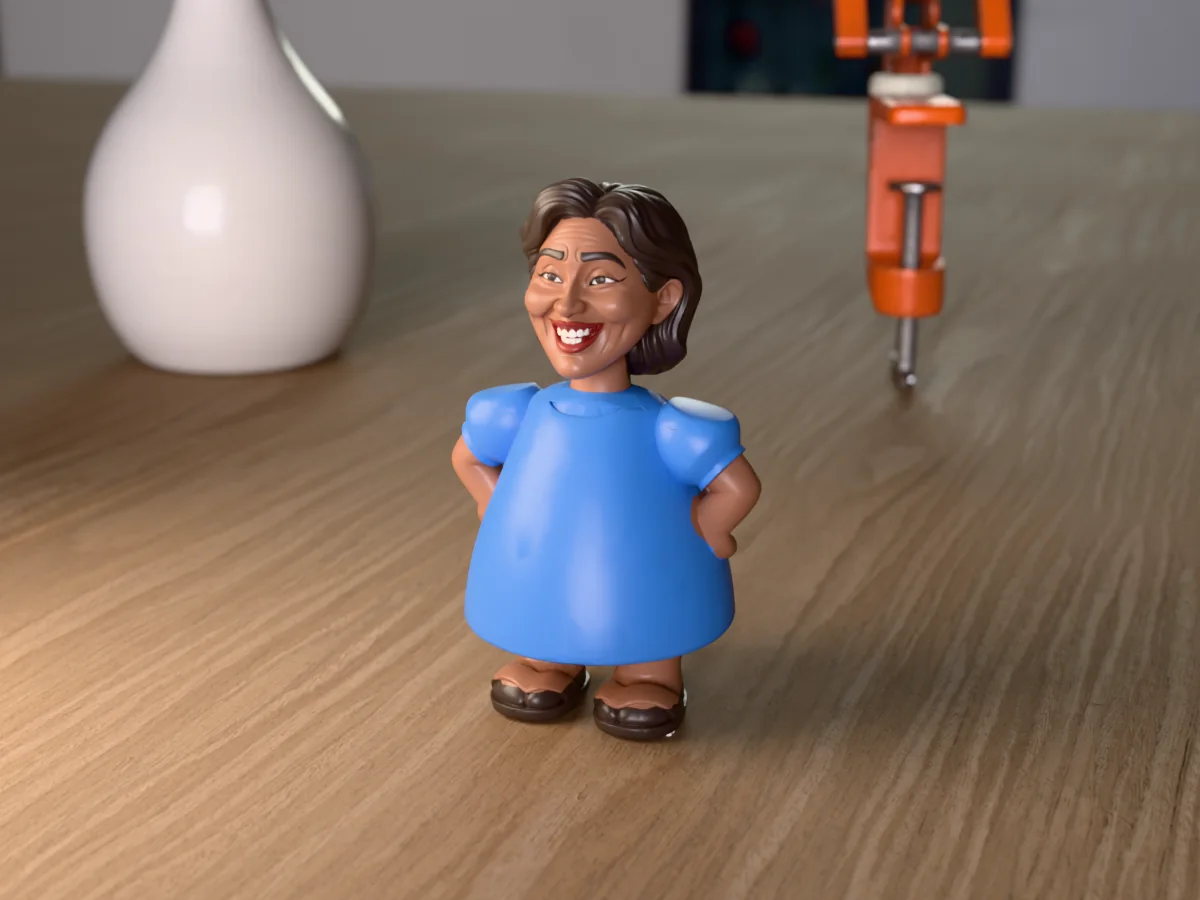 3D render of a 3D-printed mini figure of a smiling woman with long dark hair, painted in 5 colours, on a table