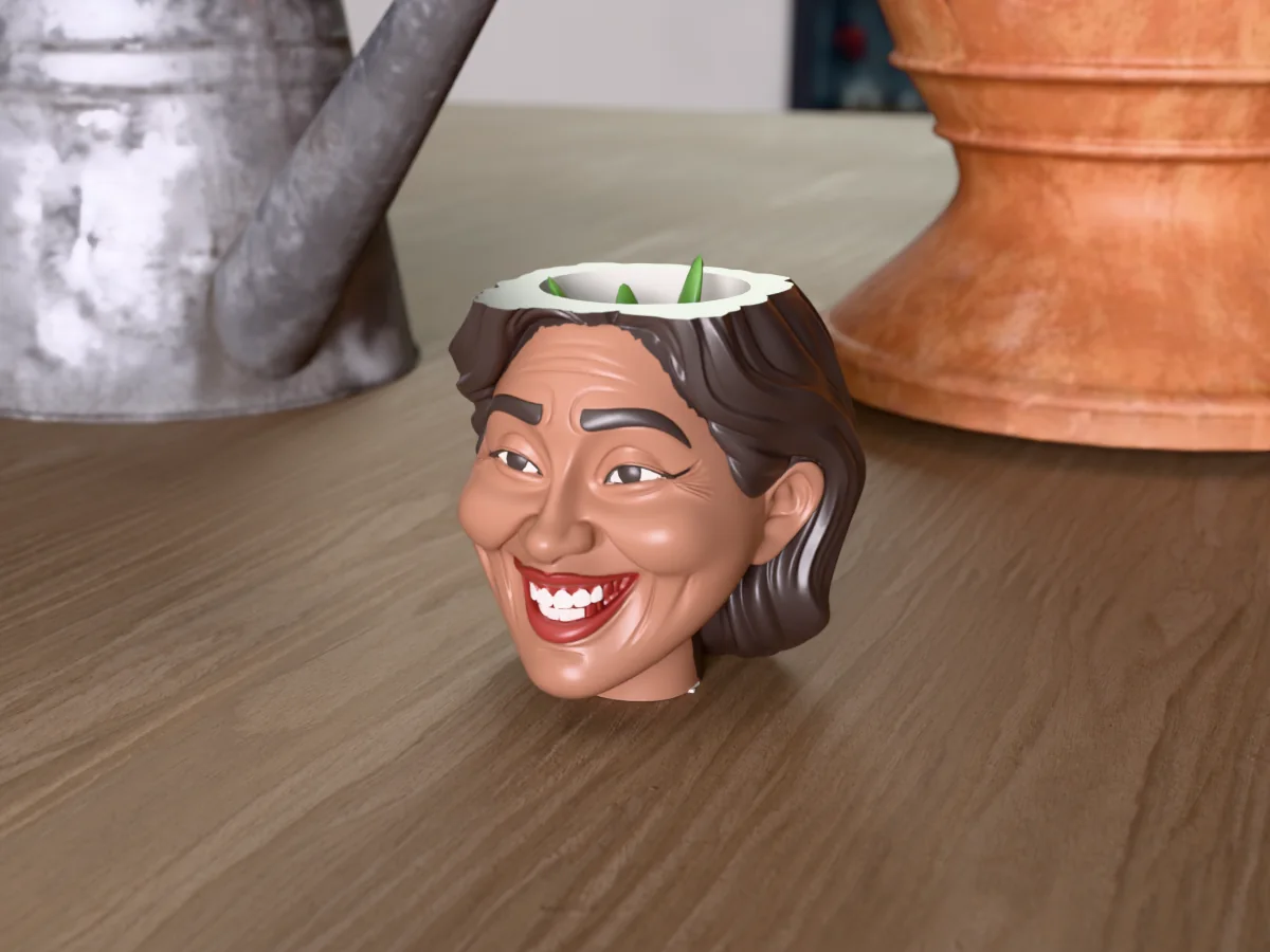 3D render of a 3D-printed head planter of a smiling woman with long dark hair, painted in 5 colours, on a table
