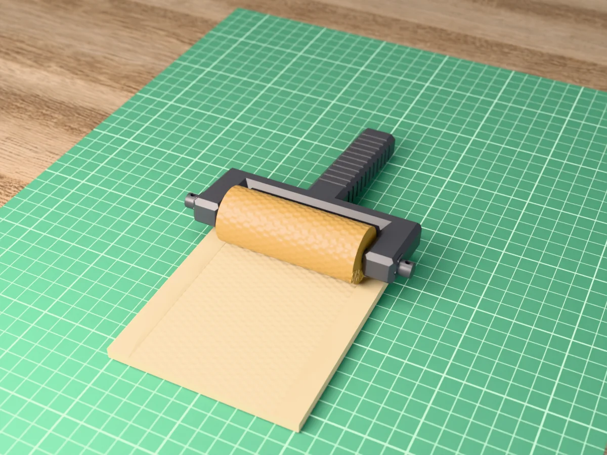 3D render of the printed snakeskin texture roller in its dark fork handle, resting on a slab of clay it has pressed with snake scales