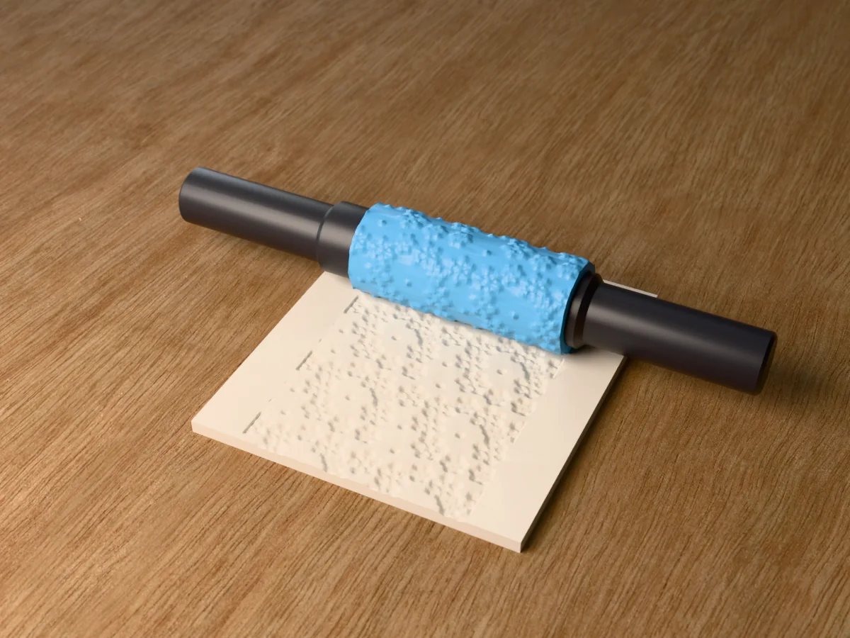 3D render of the printed snowflake textured rolling pin, its patterned sleeve between two dark handles, resting on a slab of clay it has pressed with snowflakes