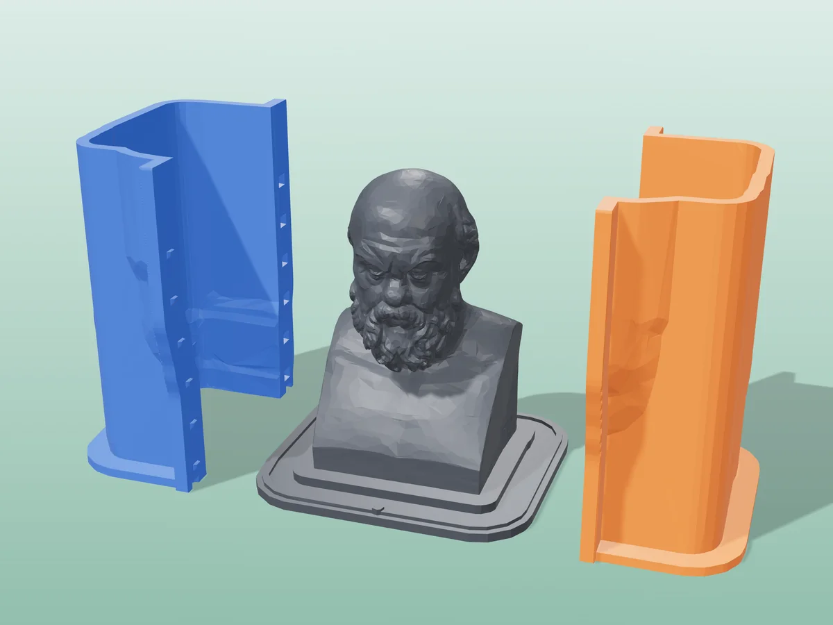 3D render of the bearded Socrates bust master fused on its printed charcoal base, between the orange and blue hugging shell halves
