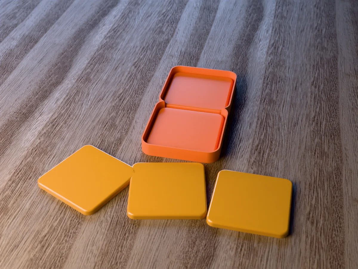 3D render of the printed caster for a two-cavity square resin coaster mold, with three glossy amber square resin coasters with rounded corners in front