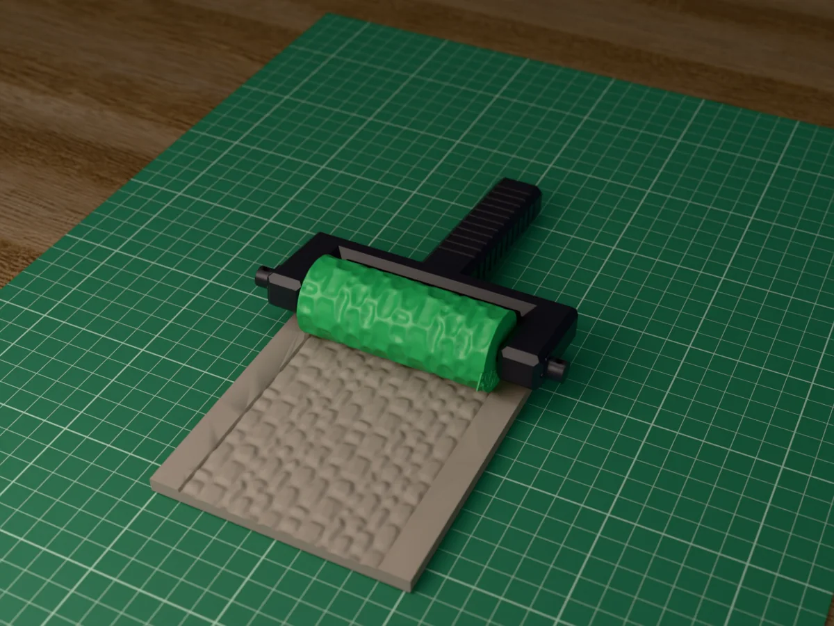 3D render of the printed stone wall texture roller in its dark fork handle, resting on a slab of clay it has pressed with rough stone blocks